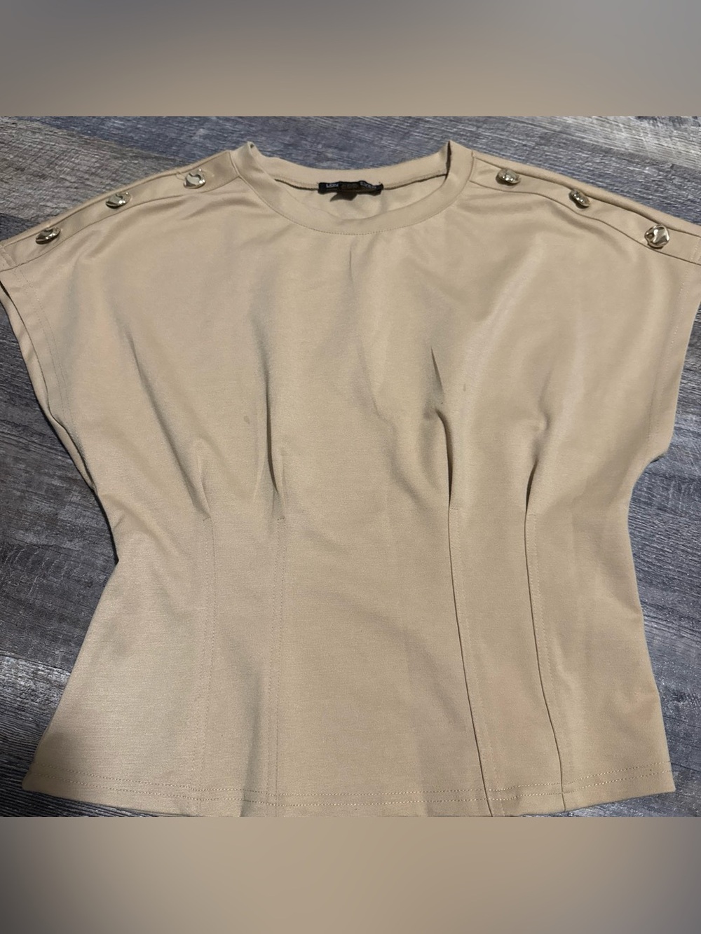 Neutral Beige Short Sleeve Top with Shoulder Button Detail